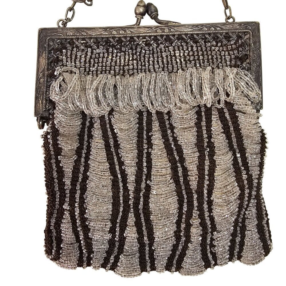 1910-20s Edwardian Flapper Beaded Swag Purse Silver Frame Chain Hinge Silk Lined